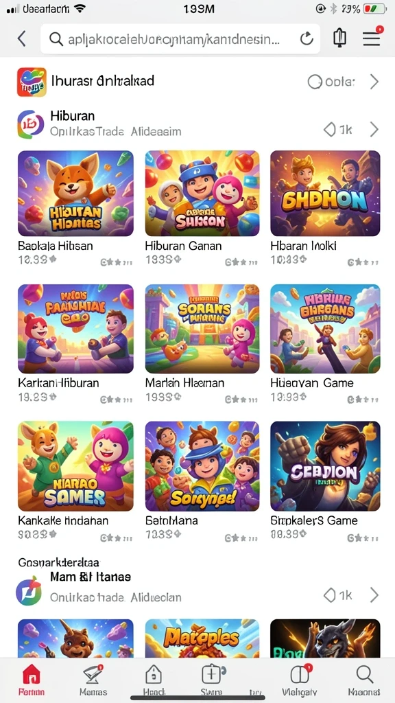 Screenshot 1 menunjukkan layar utama aplikasi dengan berbagai pilihan permainan.